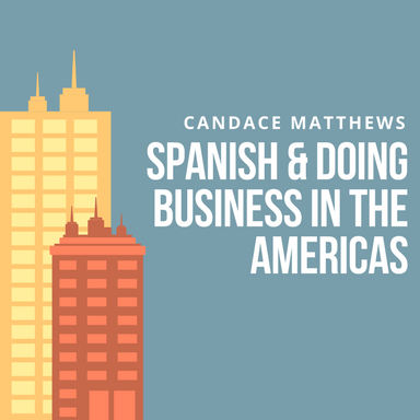 Image is: one yellow building and one red building. Text read: Spanish and doing business in the Americas, Candace Matthews